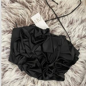 NWT ZARA Textured Floral Satin Effect Cropped Top Black